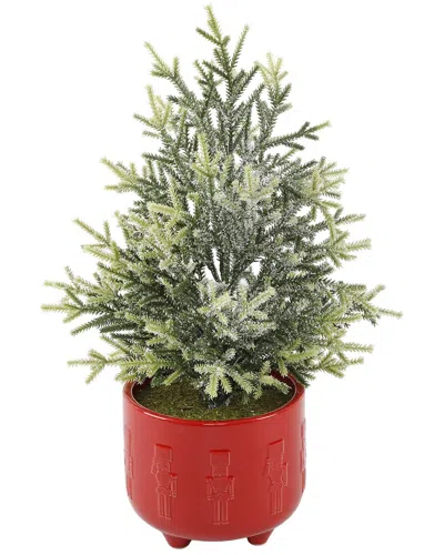 Flora Bunda 18.5in H Frosted Xmas Tree In 6in Cracker Ceramic Footed Pot In Red