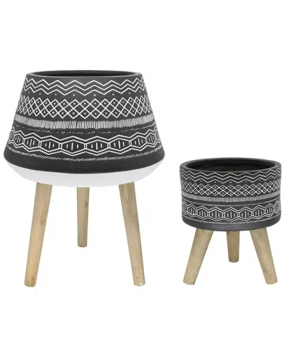 Flora Bunda 18in & 10in Tribal Fiberglass Plant Pot On Wood Stand, Set Of 2 In Black