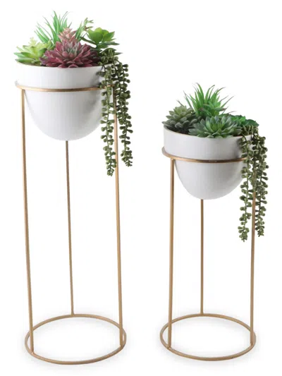 Flora Bunda 2-piece Artificial Succulent Ceramic Pot & Metalstand Set In White