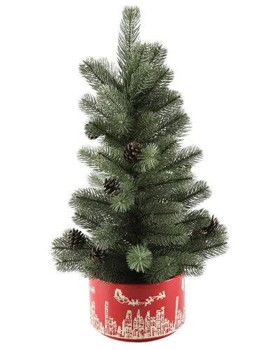 Flora Bunda 24in H Xmas Tree In 7in Red Cityscape Ceramic Pot