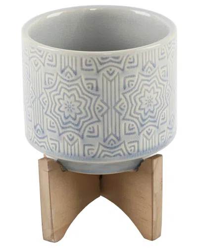 Flora Bunda 4.25in Star Ceramic Plant Pot On Wood Stand In Blue
