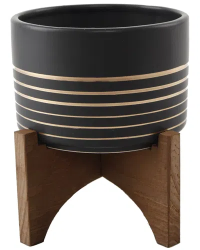 Flora Bunda 4.75in Ceramic Planter On Wood Stand In Black