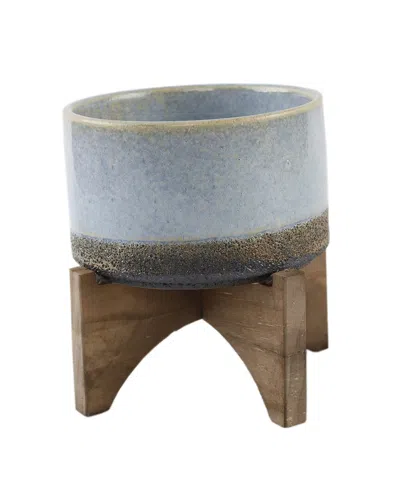 Flora Bunda 5.1in Opening Lava Ceramic On Wood Stand In Blue