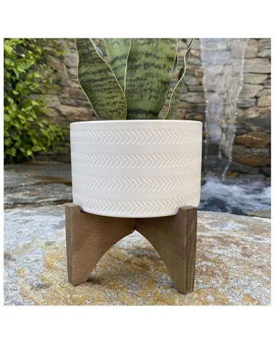 Flora Bunda 5in Arrow Ceramic Planter On Wood Stand In White