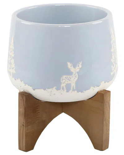 Flora Bunda 6 Ceramic Light Blue Xmas Planter On Wood Stand