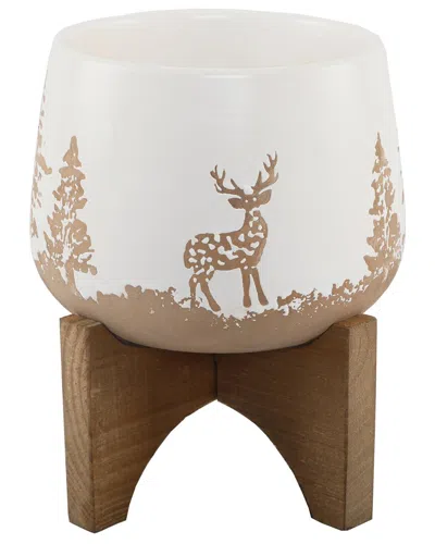 Flora Bunda 6.75 Ceramic White Xmas Planter On Wood Stand