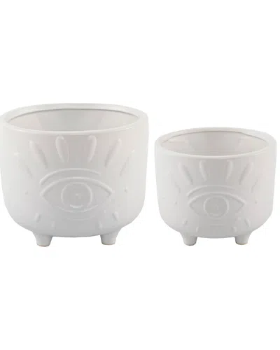 Flora Bunda 6in & 4.75in Evil Eye Ceramic Footed Planter In White