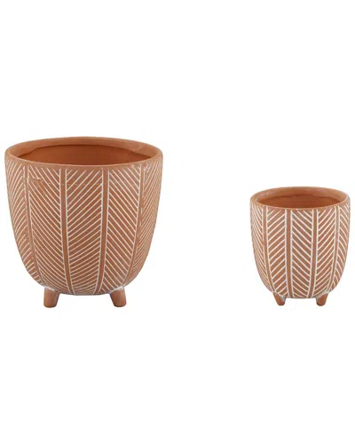 Flora Bunda 6in & 4in Chevron Ceramic Footed Pot In Orange
