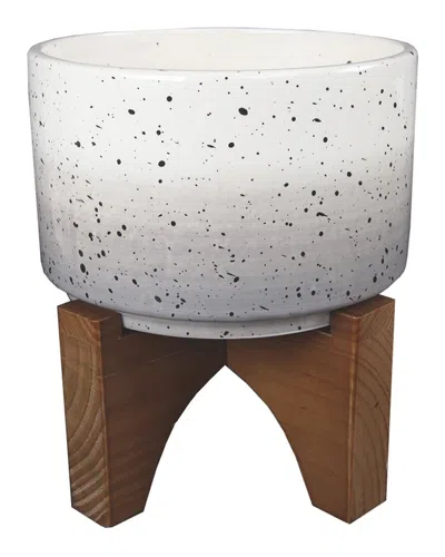 Flora Bunda 7in Grey Ombre W Specks Ceramic Pot On Wood Stand