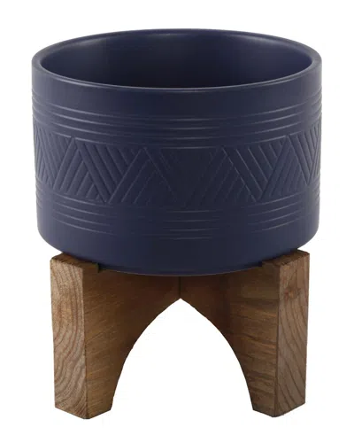 Flora Bunda 7in Mountain Ceramic Planter On Wood Stand In Navy