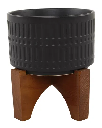Flora Bunda 7in Roman Ceramic With Wood Stand In Black