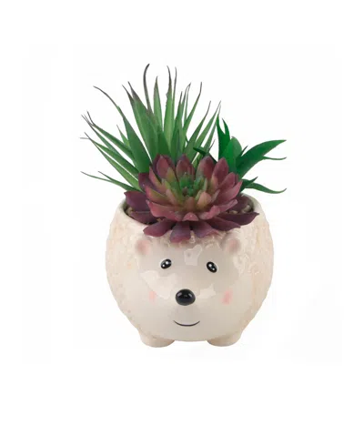 Flora Bunda 8" Artificial Succulent In 6" Large Hedgehog Ceramic Planter In White