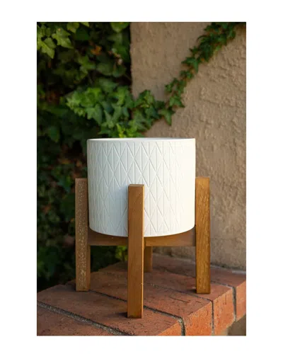 Flora Bunda 8in Diamond Ceramic Pot On Wood Stand In White