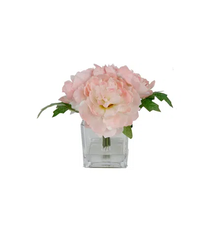 Flora Bunda 9" Artificial Silk Peony Arrangement In Glass Pot In Pink