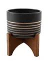 Flora Bunda Ceramic Planter On Wood Stand, 5.5" In Black And Gold-tone