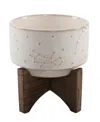 Flora Bunda Constellation Ceramic Planter Pot On Wood Stand, 4.25" In Ivory