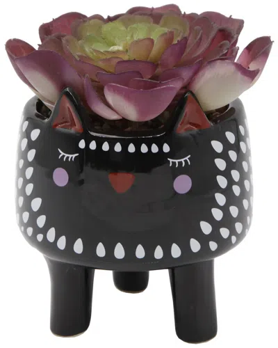 Flora Bunda Faux Succulent In Small Cat Ceramic Planter In Black