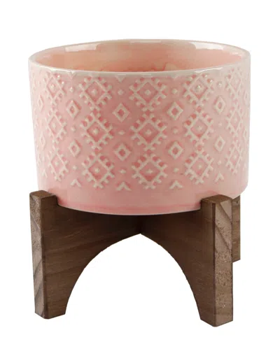 Flora Bunda India Ceramic Planter On Wood Stand, 6.25" In Pink