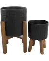 Flora Bunda Set Of 2 Ceramic Planters On Wood Stands In Black