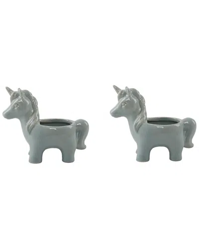 Flora Bunda Set Of 2 Ceramic Unicorn Pots In Green