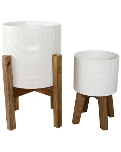 Flora Bunda Set Of 2 Dumpling Ceramic Planters On Stands In White