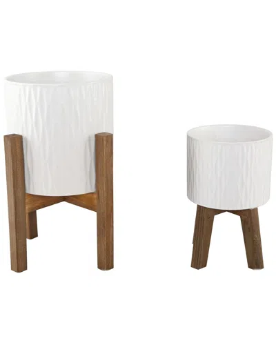 Flora Bunda Set Of 2 Ridged Ceramic Planters On Wood Stands In White