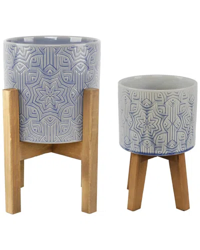 Flora Bunda Set Of 2 Star Ceramic Planters On Wood Stands In Clear