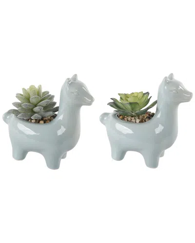 Flora Bunda Set Of 2 Teal Ceramic Llama Succulent 5.5in In White