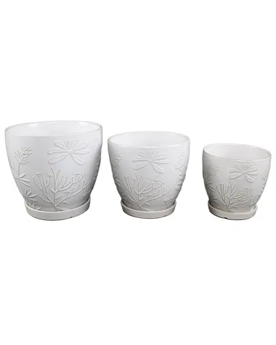 Flora Bunda Set Of 3 Jungle Flowers Ceramic Pots In White