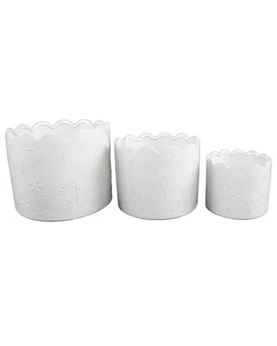 Flora Bunda Set Of 3 Scallop Wild Flower Ceramic Pots In White