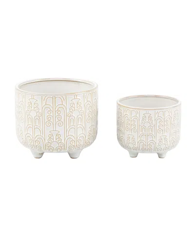 Flora Bunda Vintage-like Footed Ceramic Planter, Set Of 2 In White