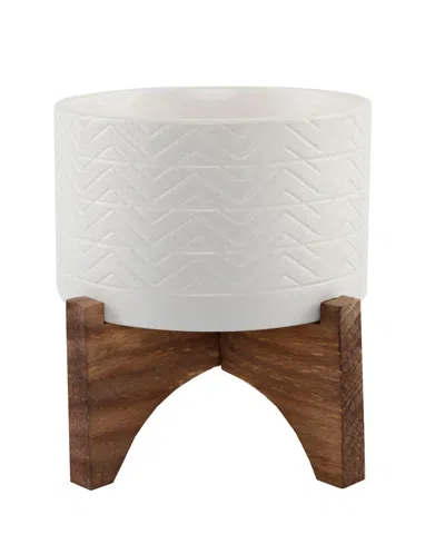 Flora Bunda Wavy Ceramic Planter On Wood Stand, 6.25" In Matte White