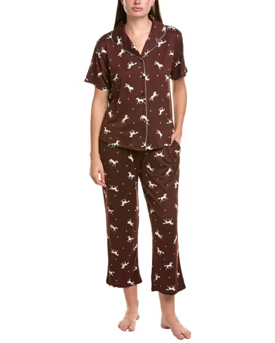 Flora By Flora Nikrooz 2pc Printed Knit Notch Collar Pajama Set In Brown
