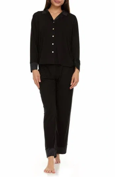 Flora By Flora Nikrooz Cecilia Notch Collar Jacquard Trim Pajamas In Black