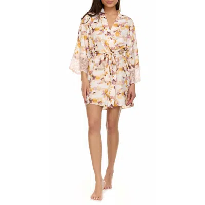 Flora Nikrooz Cindy Lace Trim Floral Satin Wrap Robe In Ivory