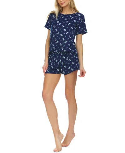 Flora Nikrooz Printed Ribbed Shorts Pajama Set In Navy In Blue