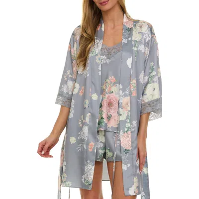 Flora Nikrooz Sabrina Floral Print Satin Short Pajamas & Robe Set In Gray
