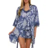 Flora Nikrooz Sabrina Floral Print Satin Short Pajamas & Robe Set In Blue