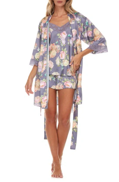 Flora Nikrooz Sabrina Floral Print Satin Short Pyjamas & Dressing Gown Set In Grey