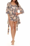 Flora Nikrooz Sabrina Floral Print Satin Short Pajamas & Robe Set In Grey