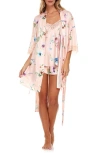 FLORA NIKROOZ FLORA NIKROOZ SABRINA FLORAL PRINT SATIN SHORT PAJAMAS & ROBE SET