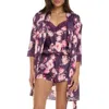 Flora Nikrooz Sabrina Floral Print Satin Short Pajamas & Robe Set In Purple