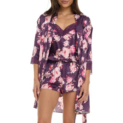 Flora Nikrooz Sabrina Floral Print Satin Short Pajamas & Robe Set In Purple