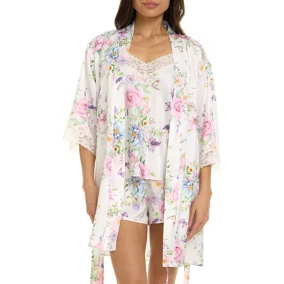 Flora Nikrooz Sabrina Floral Print Satin Short Pajamas & Robe Set In White