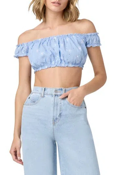 Florence By Mills Embroidered Eyelet Off The Shoulder Crop Top In Blue