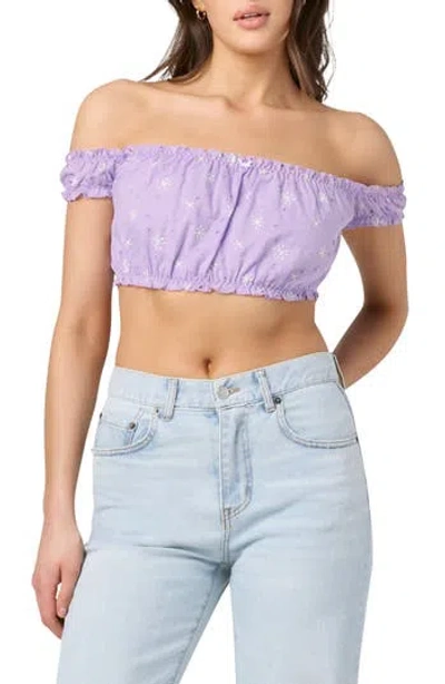 Florence By Mills Embroidered Eyelet Off The Shoulder Crop Top In Purple
