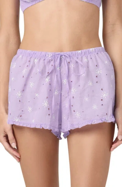 Florence By Mills Eyelet Tie Waist Organic Cotton Shorts In Lavender/green