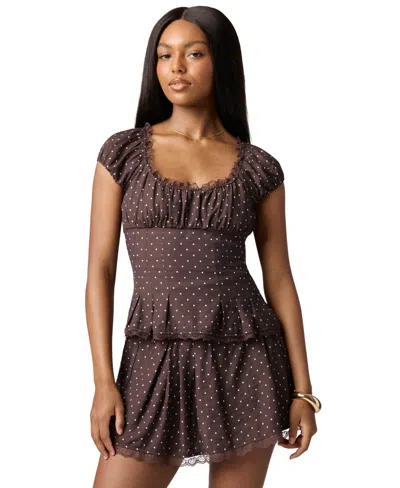 Florence By Mills Juniors' Lace-trim Printed Cap-sleeve Top In Brown