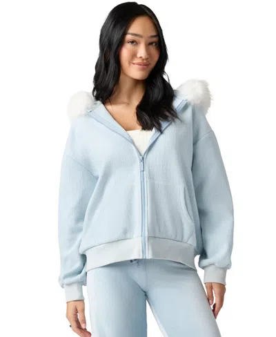 Florence By Mills Juniors' Ski Bunny Cable-knit Faux Fur Trim Full-zip Hoodie In Blue