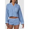 Florence By Mills Micro Plaid Crop Stretch Cotton Button-up Shirt In Blue